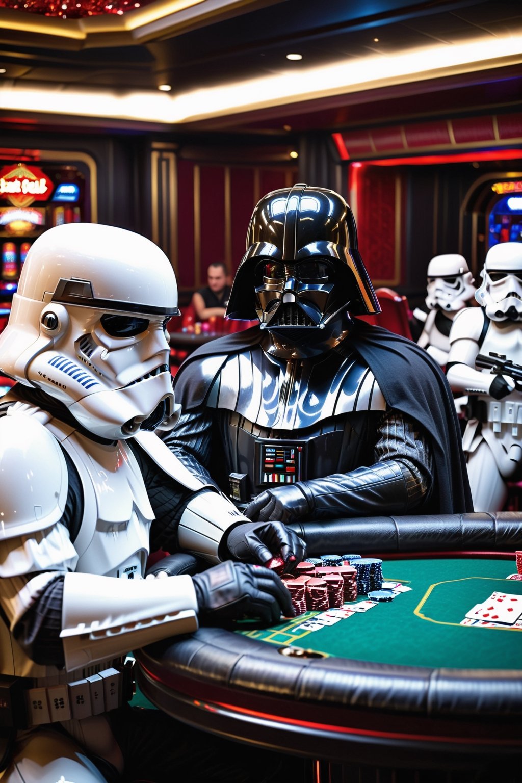 in the death star casino Darth Vader is sitting at a pokertable with Storm Troopers playing a highstakes poker game, holding bicycle_style playing_cards in hands, poker_chips, in the background imperial officers are gambling,more detail XL,Casino Background