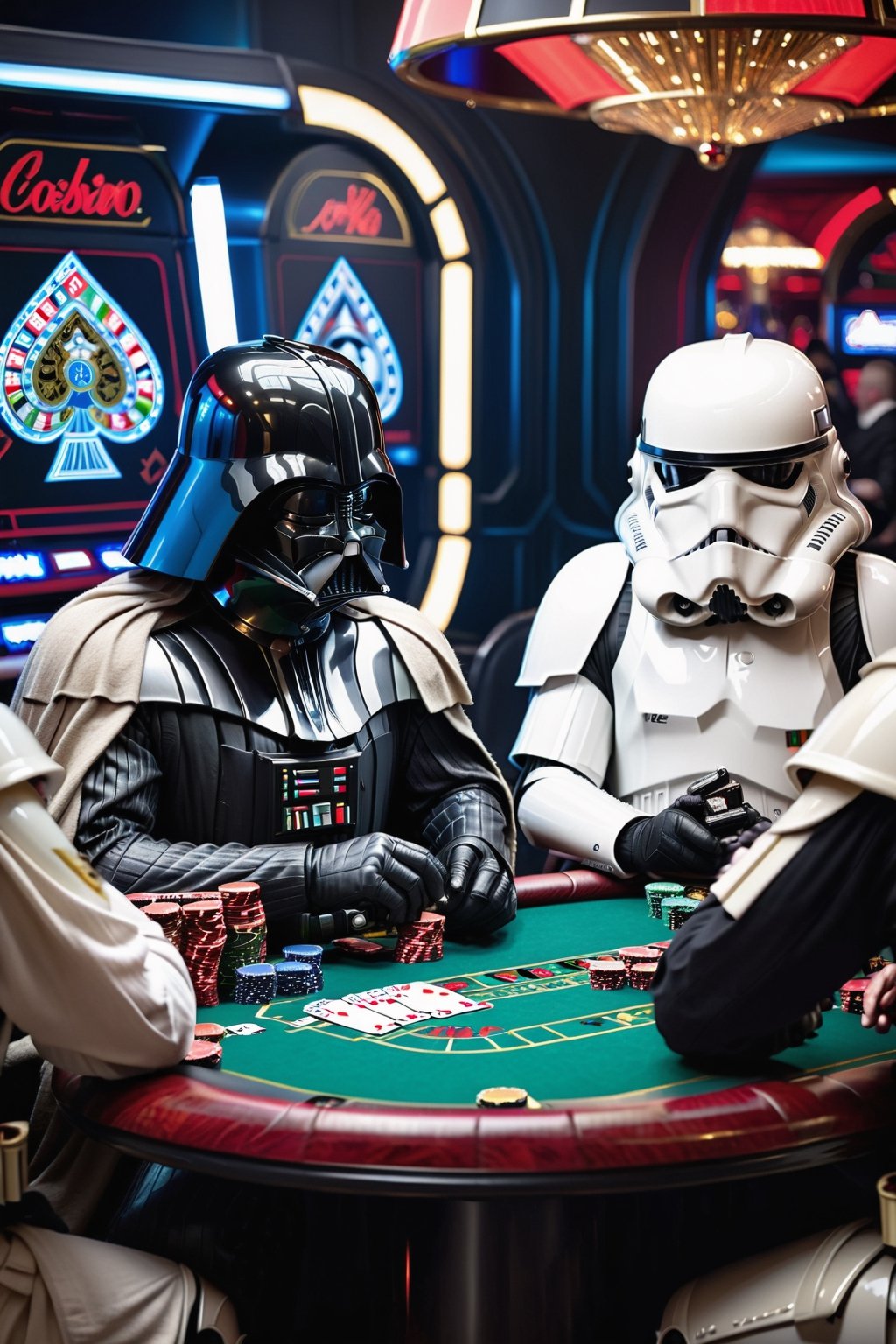 in the death star casino Darth Vader is sitting at a pokertable with Storm Troopers playing a highstakes poker game, holding bicycle_style playing_cards in hands, poker_chips, in the background imperial officers are gambling,more detail XL,Casino Background