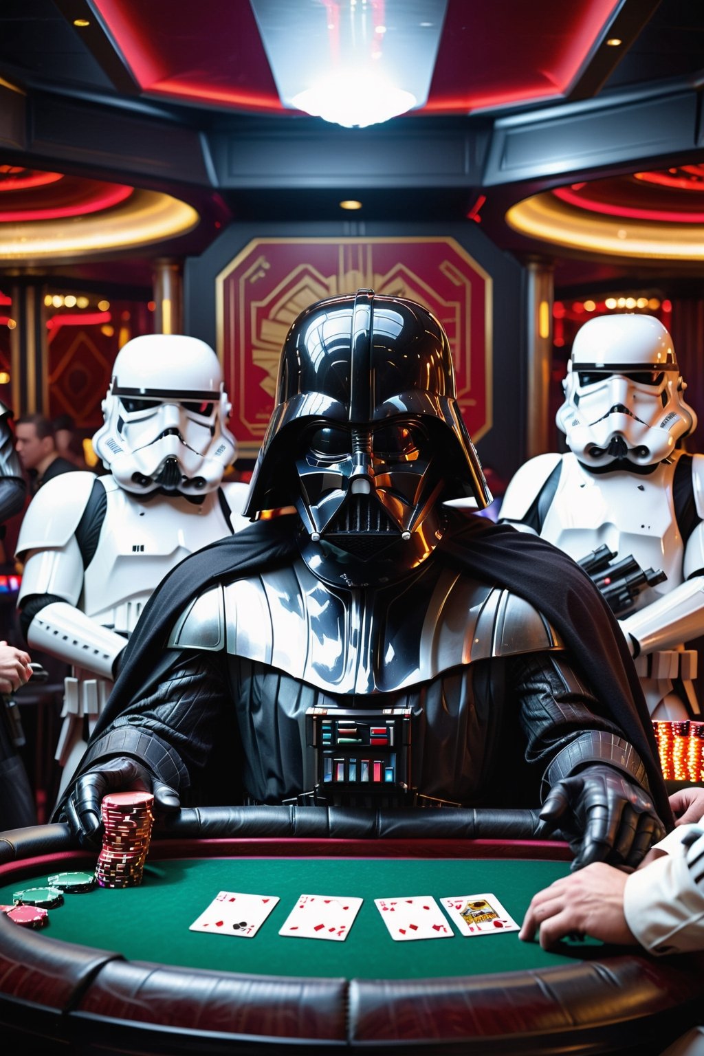 in the death star casino Darth Vader is sitting at a pokertable with Storm Troopers playing a highstakes poker game, holding bicycle_style playing_cards in hands, poker_chips, in the background imperial officers are gambling,more detail XL,Casino Background