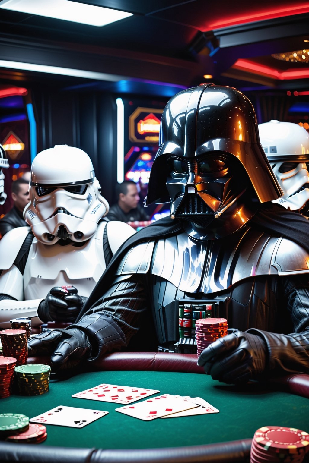 in the death star casino Darth Vader is sitting at a pokertable with Storm Troopers playing a highstakes poker game, holding bicycle_style playing_cards in hands, poker_chips, in the background imperial officers are gambling,more detail XL,Casino Background