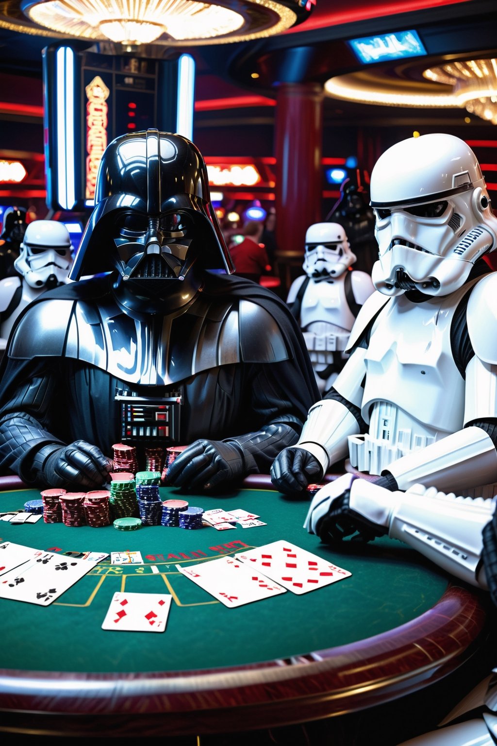 in the death star casino Darth Vader is sitting at a pokertable with Storm Troopers playing a highstakes poker game, holding bicycle_style playing_cards in hands, poker_chips, in the background imperial officers are gambling,more detail XL,Casino Background