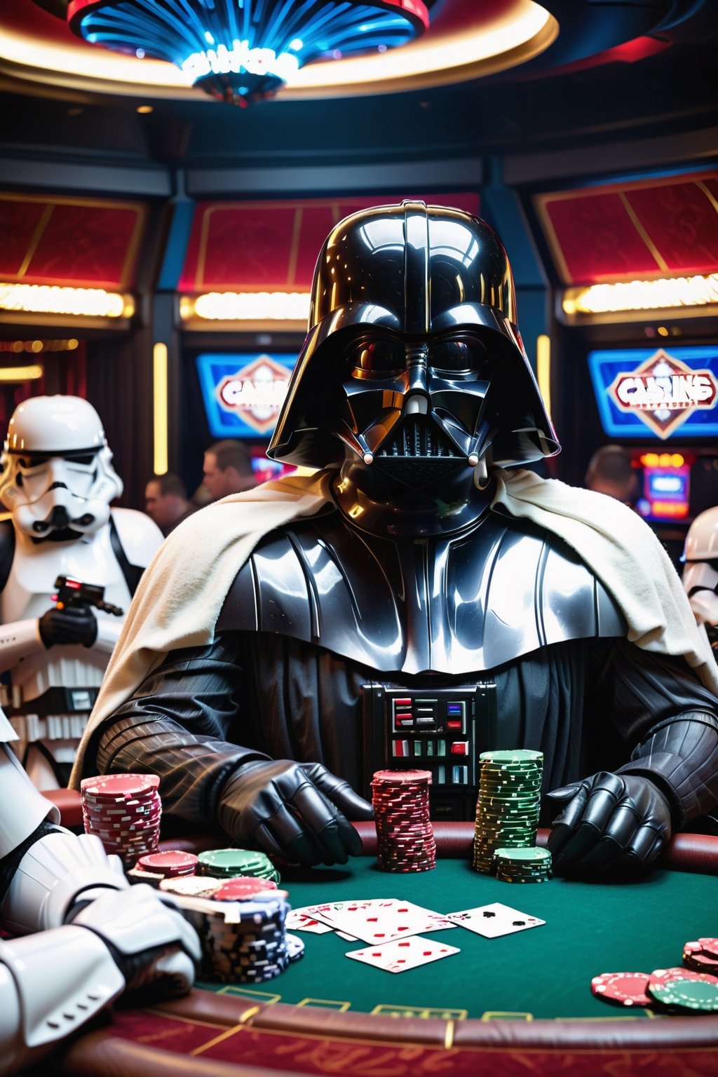 in the death star casino Darth Vader is sitting at a pokertable with Storm Troopers playing a highstakes poker game, holding bicycle_style playing_cards in hands, poker_chips, in the background imperial officers are gambling,more detail XL,Casino Background