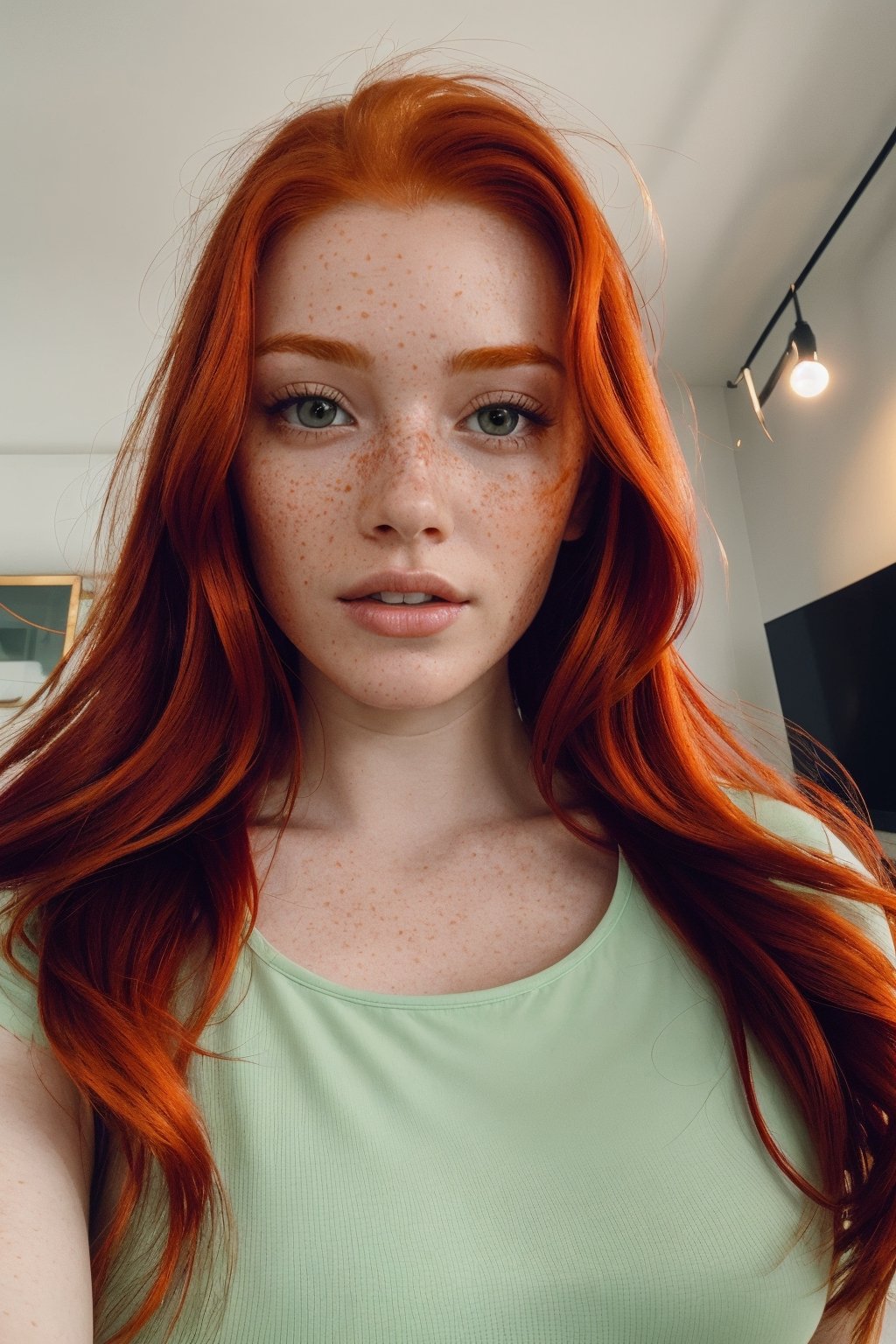 Hyper realistic 23 year old ((redhead)) girl of Irish descent of Irish descent (with freckles) in selfie mode closeup sharp focus highly detailed for instagram Sexy and stylish Snapchat influencer leggins tshirt bed sheets tv mojito light