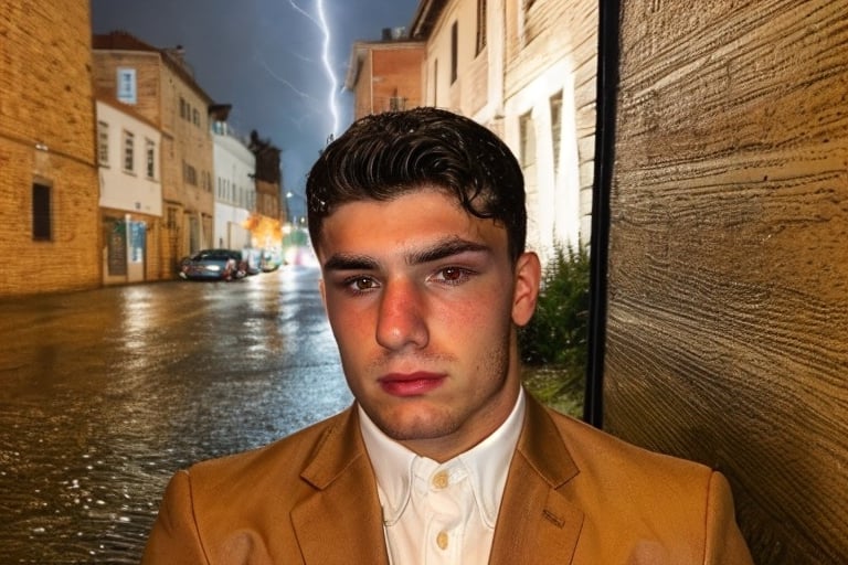 handsome, dark hair, brown eyes, 26 years old male, thin cheeks, tanned skin, light face hair, stoic, strong, rainy weather, small town setting, content, hispanic ethnicity, wearing formal attire. 