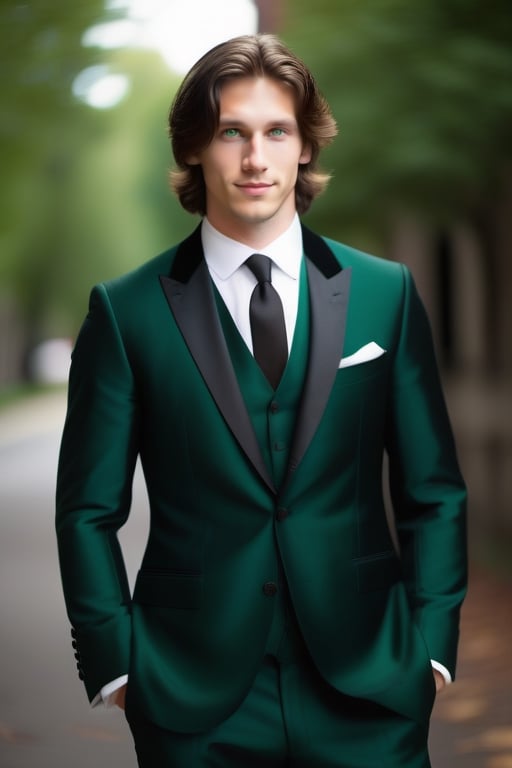 Caucasian Male, 26 years old, medium length hair, green eyes, slight smile, Handsome, nerdy featurtes, imagine random scenery, wearing black formal attire