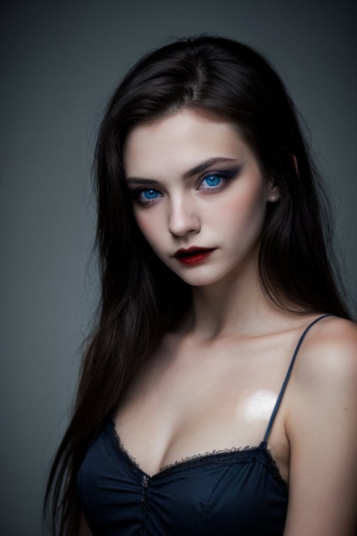 vampire, beautiful, dark hair, blue eyes, 20 years old adult