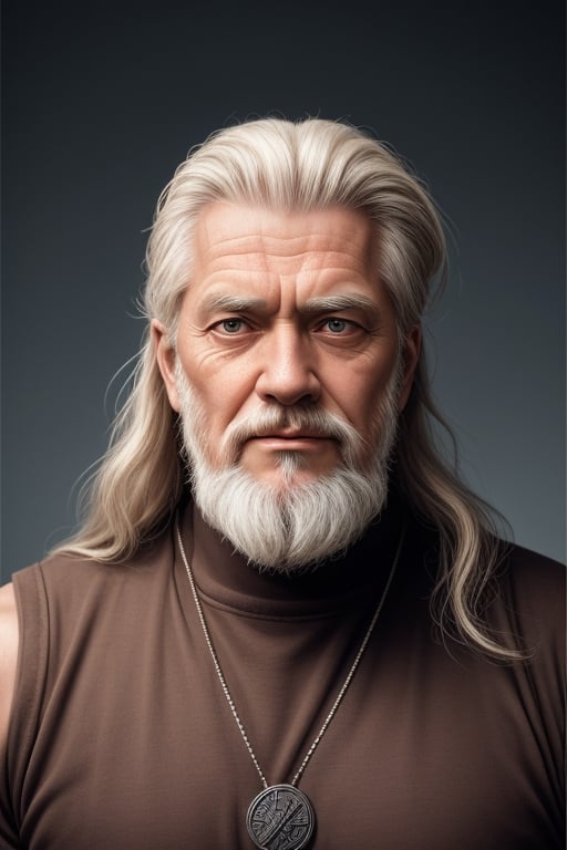 Odin, 68 years old, strong, stoic, kind, loving, long hair