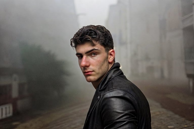 handsome, dark hair, brown eyes, 18 years old, male, thin cheeks, heavy tanned skin, light face hair, stoic, strong, foggy rainy weather town setting, content, hispanic ethnicity, random poses with black leather jacket
,reversec0wboy,POV,handsome men,hug,NicholasGalitzine ,Brad_Beams,levi_conely