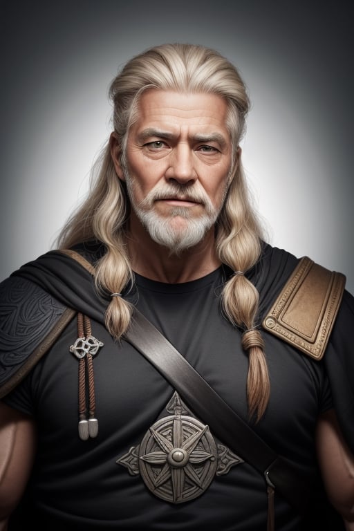 Odin, 68 years old, strong, stoic, kind, loving, long hair, wise