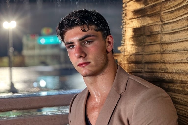 handsome, dark hair, brown eyes, 26 years old male, thin cheeks, tanned skin, light face hair, stoic, strong, rainy weather, small town setting, content, hispanic ethnicity, wearing formal attire. 