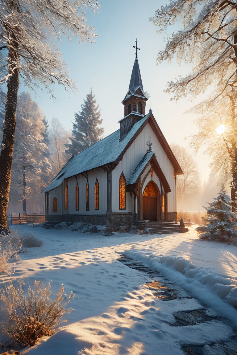 Visualize various styles of small churches, temples, and holy places seen from the outdoors. Set the scene in an early,  light winter setting. 