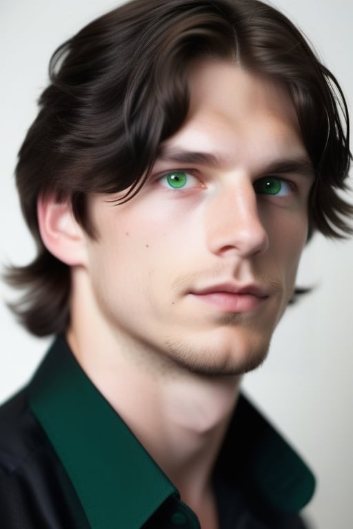 Caucasian Male, 26 years old, medium length hair, green eyes, slight smile, Handsome, nerdy featurtes, imagine random scenery, wearing black formal attire