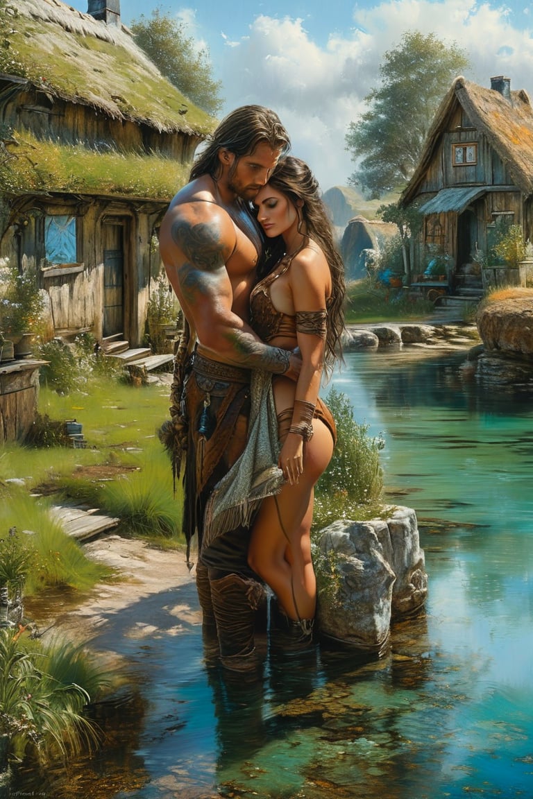 A hyper-realistic landscape in high detail, full of  green, sea blue and natural brown colors in extreme detail.  A Nordic, stoic man and beautiful Nordic black-haired woman are seen in a tiny village. Style is done in the art style of Luis Royo.