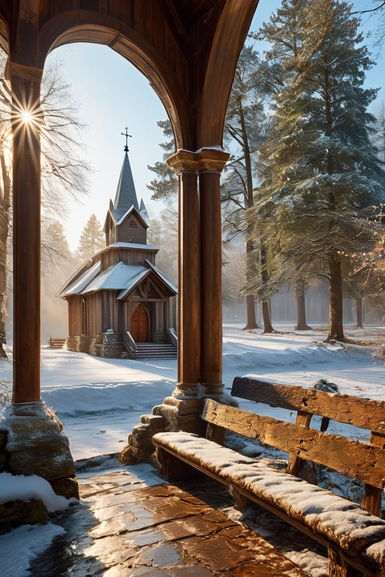 Visualize various styles of small churches, temples, and holy places seen from the outdoors. Set the scene in an early,  light winter setting. 