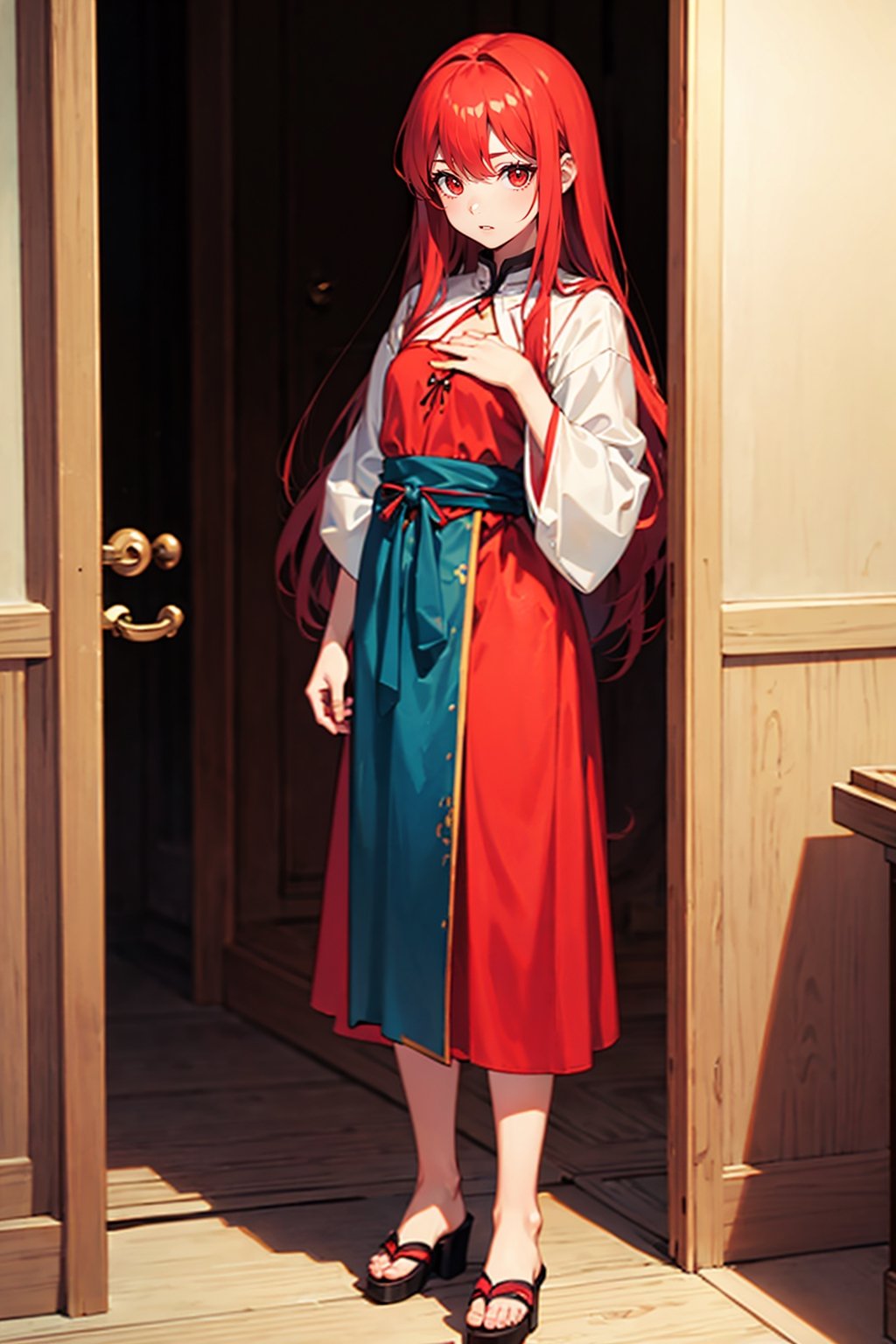 , woman, ,red_eyes,red hair, 15 years ago, long_hair, short woman, woman solo,, behind_form a door, flat_chest ,aachisato, peasant clothes, woman with short stature, high_resolution, small, tiny
