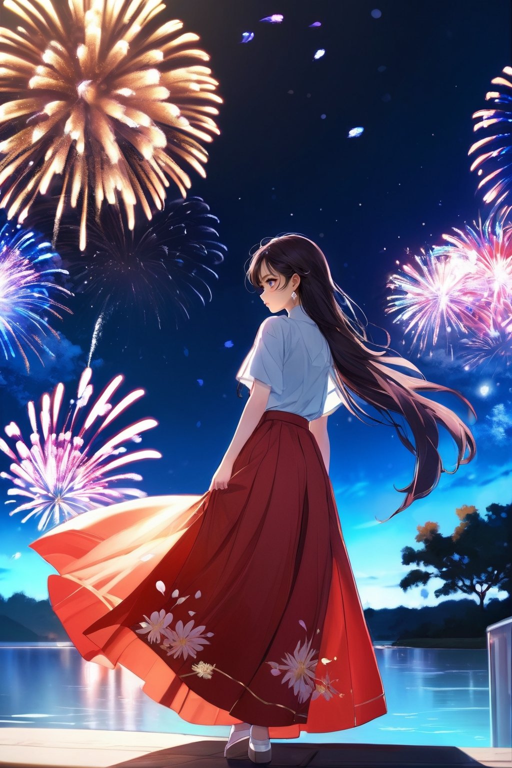 ((extremely detailed CG unity 8k wallpaper)),(masterpiece), (best quality), (ultra-detailed), (best illustration),(best shadow), (an extremely delicate and beautiful), ((((1girl)))), dynamic angle, floating, finely detail, (bloom), (shine), glinting stars, ((((best detailed fireworks)))), ((((depth of field)))), (((hanabi))), Beautiful detailed girl, (((backlight))), extremely delicate and beautiful girls, ((summer long skirt)), (((solo))), best detailed hair, ((beautiful detailed water)), night sky, (((small breast))), beautiful detailed sky, beautiful detailed eyes, (((arms behind back))), long hair, (((dynamic angle))), long skirt