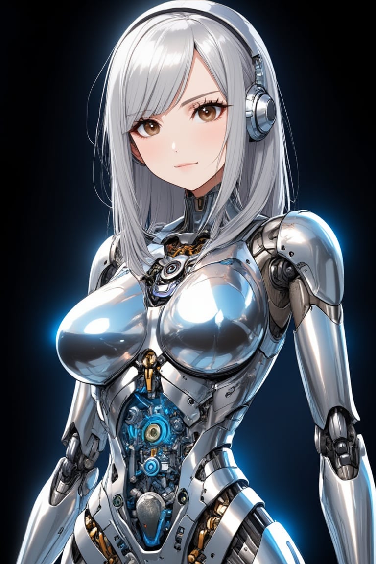 1girl having glassy mechanical body and mechanical internal structure exposed,headgear,smooth hair,long silver hair and diagonal bangs,glossy dark brown eyes,contrapposto,blur background,black background,precisely drawing,\mechako\