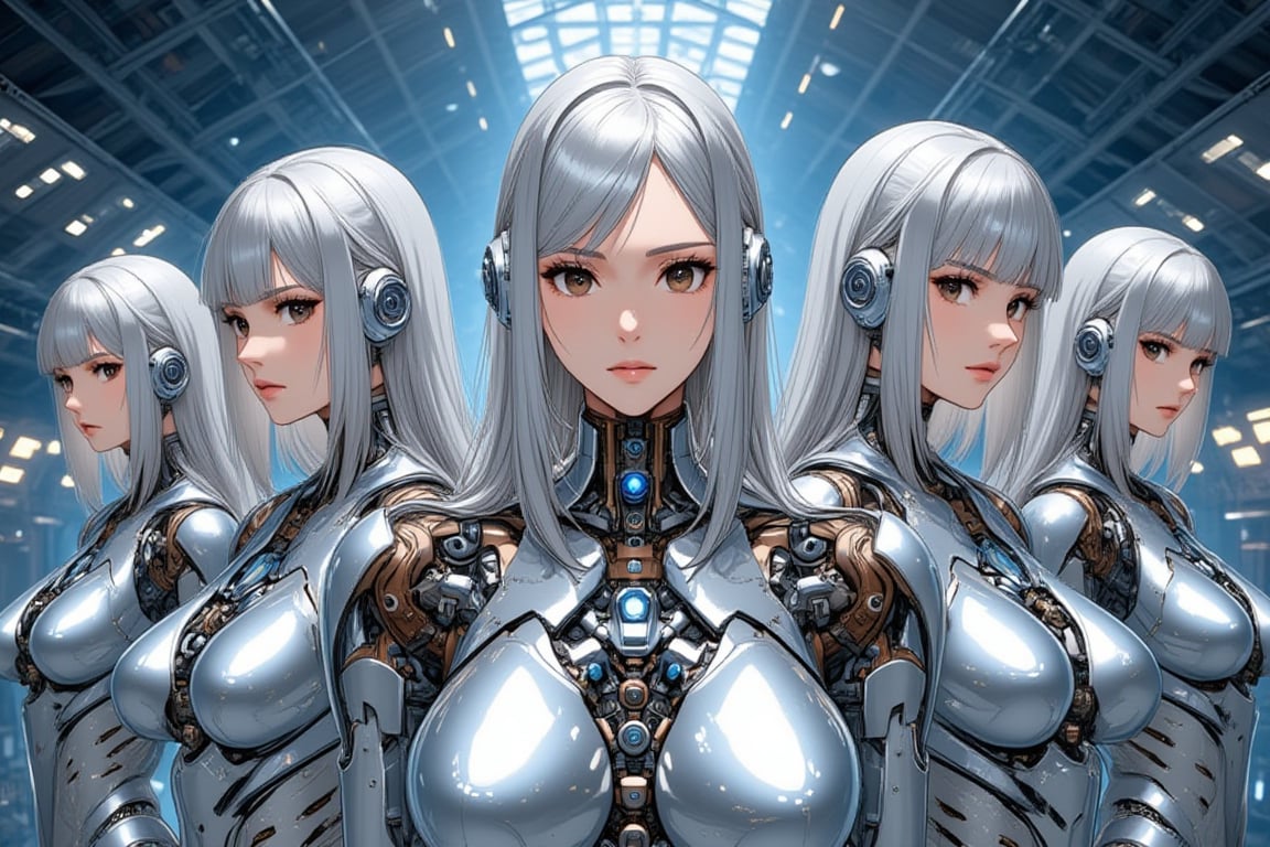 5girls line-up in aircraft hanger,contrapposto,they have glassy body and mechanical internal structure visible,headgear,smooth hair,shoulder-length metallic silver hair with diagonal bangs,glossy dark brown eyes,blur background,\mechako\