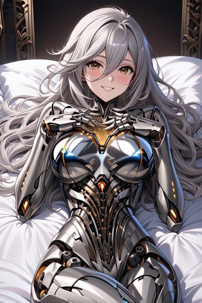 masterpiece,a sharp detailed illustration of A [curvy] female cyborg having luster glitter silver body is lying on the bed ,She has short length messy silver hair and detailed elegant face and glossy brown eyes and internal structure exposed and mechanical joints and enhanced illumination,smile,niji5,