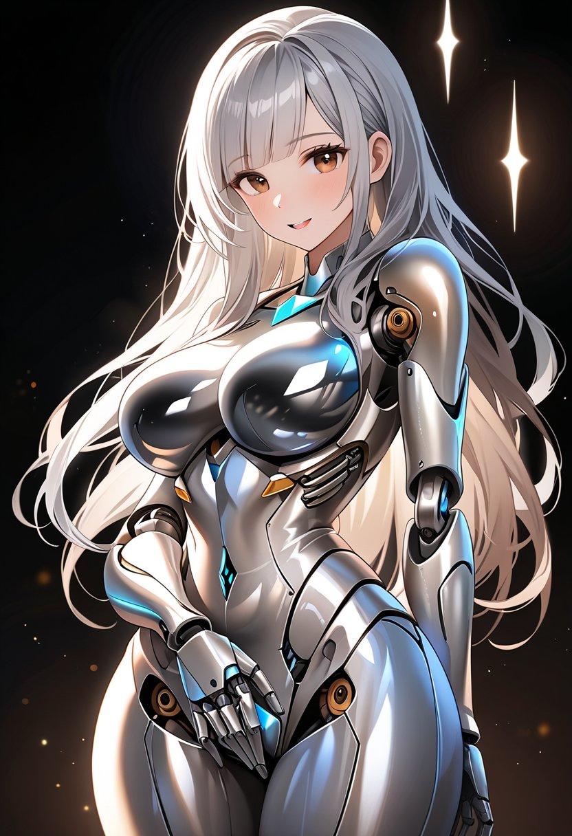 A curvy female contrapposto.a hand on crotch.30 yo.her glossy silver chrome mechanical body and mechanized joints revealing intricate internal structures.Her chrome-silver body reflects her surroundings and glistening in soft light.highlighting mechanical joints that subtly flex to showcase synthetic physiology.silver hair.long hair with diagonal bangs.Glossy dark brown eyes aglow with an inner light,hip,looking at viewer,a hand on crotch,glad,black background blurred,niji5