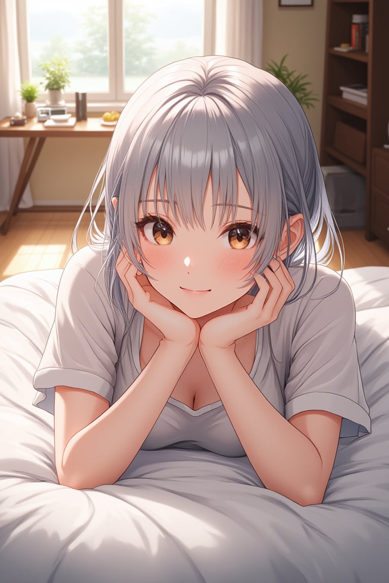 from above,a female,lying her side on bed,soft smile,
glossy dark-brown eyes,medium length metallic silver hair,see-through bangs,living room background,anime styles,