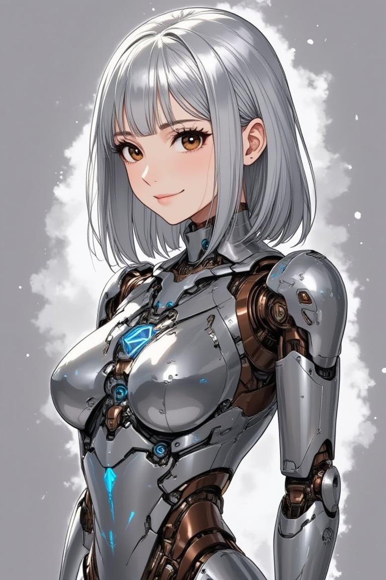 \mechako\,1girl.cyberpunk.Nice leave-it-to-me background.shoulder-length metallic silver hair.smooth hair,dark-brown eyes,soft smile,