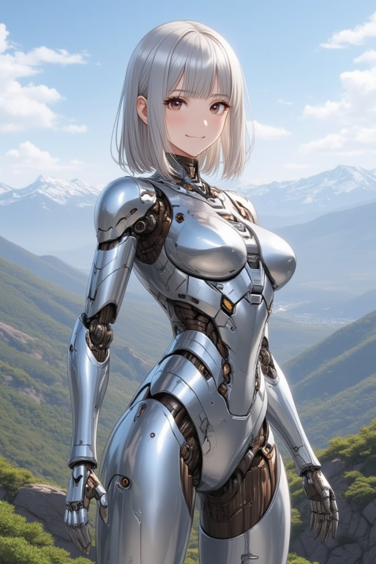 One girl is wariza. There is a mountain range in the distance.turn slightly.,elegant smile,looking at viewer,her metallic mechanical body reflect surrounding,smooth hair,shoulder-length metallic silver hair with diagonal bangs,glossy dark-brown eyes,\mechako\