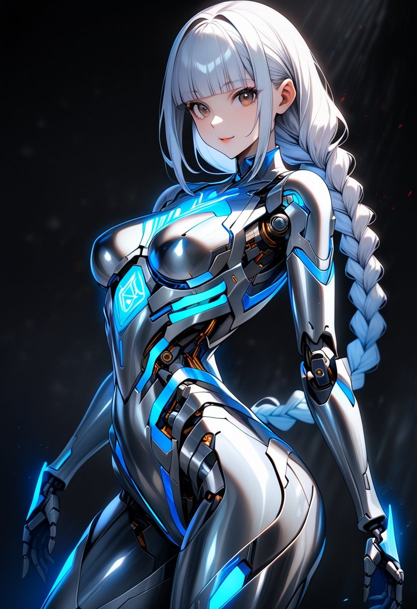 side shot,A curvy female cyborg having glossy metallic silver mechanical body and mechanical joints and internal structure exposed,glowing neon blue elements of her body,short_length smooth braided silver hair and see_through blunt bangs and glossy dark_brown eyes,30 yo,contrapposto ,black background,blur background,masterpiece,niji5,precisely drawing,