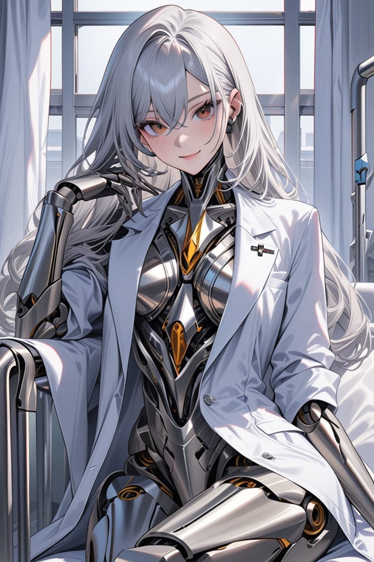 masterpiece,a sharp detailed illustration of A female cyborg having luster silver body is  sitting in hospital and wearing unbuttoned lab coat ,She has straight silver hair and detailed elegant face and brown eyes and mechanical joints,looking at viewer,light smile,niji5,