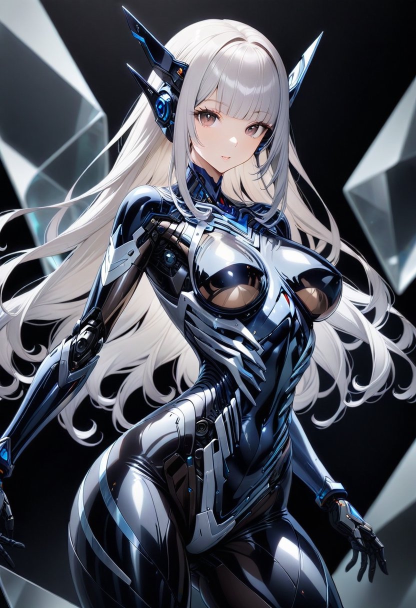 A curvy female having glassy mechanical body and mechanical internal structure exposed,headgear,smooth hair,long silver hair and diagonal bangs,glossy dark brown eyes,contrapposto,blur background,black background,niji5,precisely drawing,Glass Elements,(Transperent Parts)