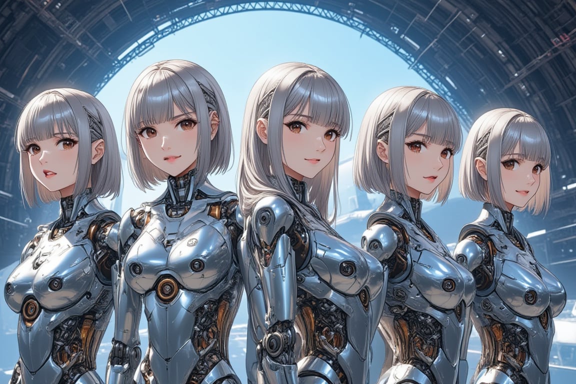 5girls line-up in aircraft hanger,contrapposto,they have glassy body and mechanical internal structure visible,headgear,smooth hair,shoulder-length silver hair and diagonal bangs,glossy dark brown eyes,blur background,\mechako\