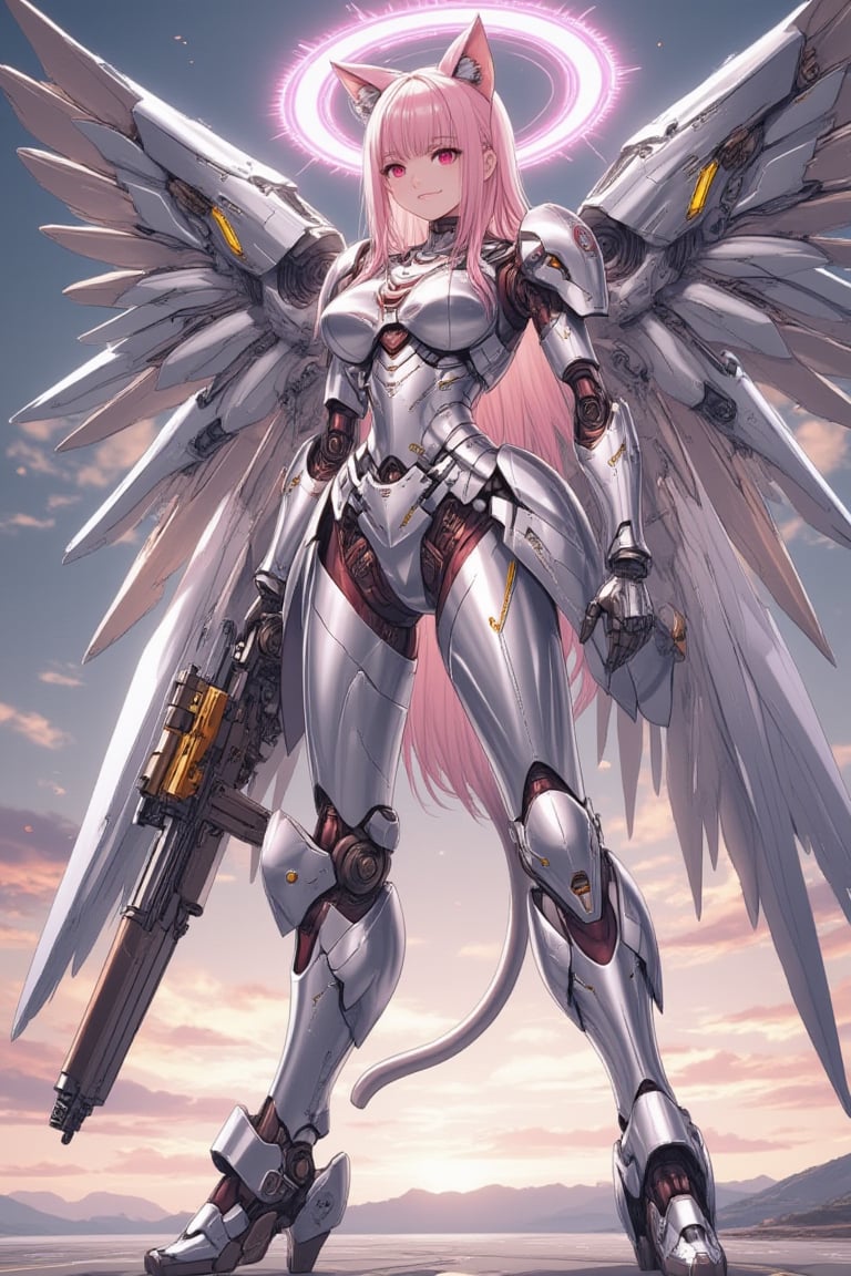 \mechako\,from below,1boy mechanized is 150cm tall.superhero.cute smile.pink eyes.long pink hair with nekomimi.halo.mechanical large wings.she has cat tail.turn slightly.having a sci-fi automatic rifle.spread legs, Nice leave-it-to-me background