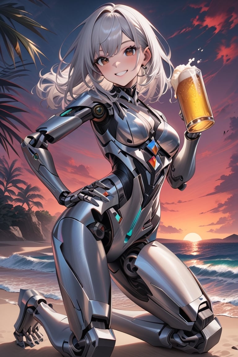 masterpiece,a sharp detailed illustration of A female cyborg having luster silver body is kneeling and her hand on her hip and hoiding a beer glass mug in summer beach ,She has short length straight silver hair and brown eyes with lighting and mechanical joints and internal structure exposed and medium breasts,looking at viewer,smile,sunset,niji5,