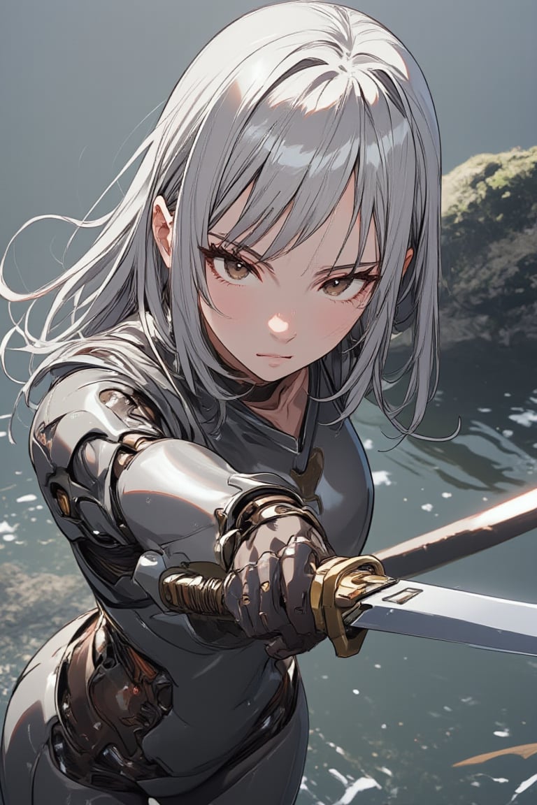 \mechako\,Woman defeating Nessie with a Japanese sword at Loch Ness.superheroine action posing.cropped dynamic angle. she has droopy dark-brown eyes and metallic silver hair.smooth hair is cascading down her shoulder.serious.