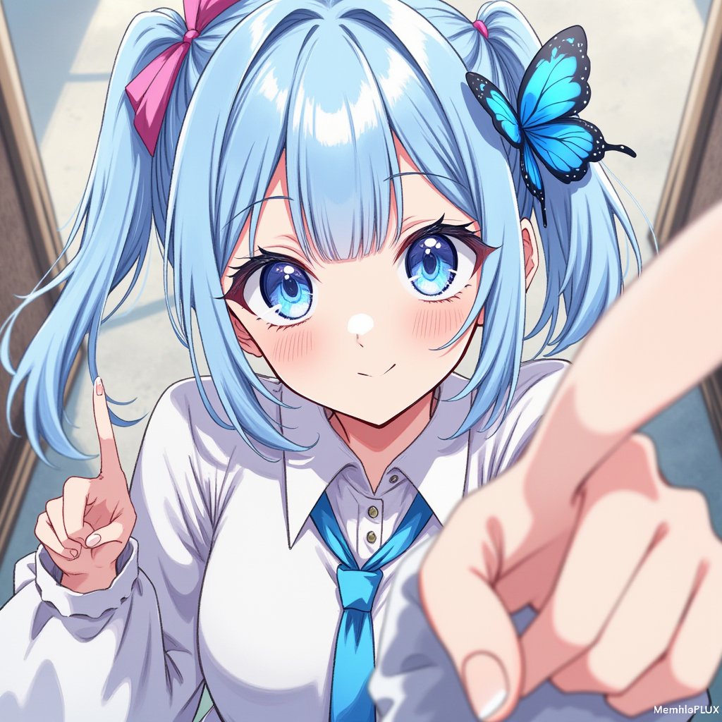 bold text ‘MemihaFLUX’ at the bottom of the screen., anime style,dutch angle,from above,a cute female is pointing finger at viewer.looking at viewer,blushless smile,
glossy blue eyes,side ponytail skyblue hair with blue butterfly hair ornament,action posing,correct fingers,