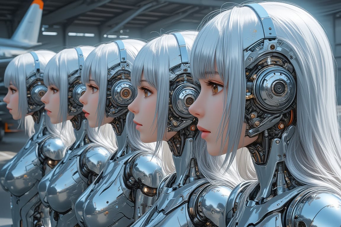 5girls line-up in aircraft hanger,contrapposto,they have glassy body and mechanical internal structure visible,sci-fi headgear,smooth hair,shoulder-length metallic silver hair with diagonal bangs,glossy dark-brown eyes,blur background,\mechako\