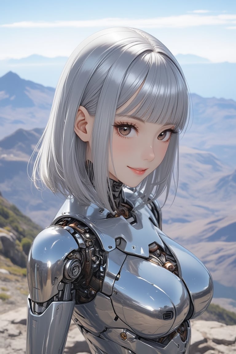 One girl is wariza. There is a mountain range in the distance.turn slightly.,elegant smile,looking at viewer,her metallic mechanical body reflect surrounding,smooth hair,shoulder-length metallic silver hair with diagonal bangs,glossy dark-brown eyes,\mechako\