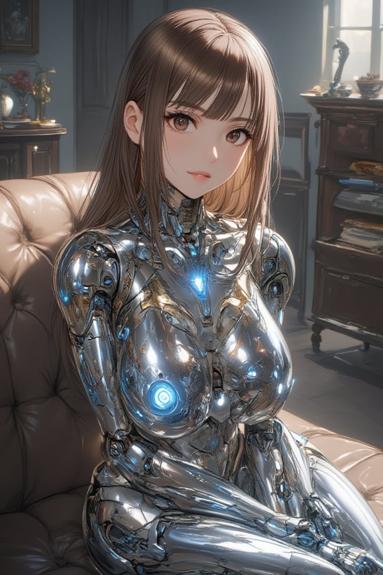 1girl,her metallic skin reflect its surrounding in the room,Impressionism style,\mechako\