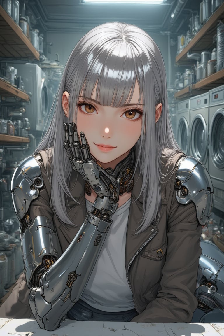 \mechako\,cyberpunk girl is sitting in 1980's laundry room.resting her chin.Nice leave-it-to-me.shoulder-length metallic silver hair.smooth hair,dark-brown eyes,soft smile,