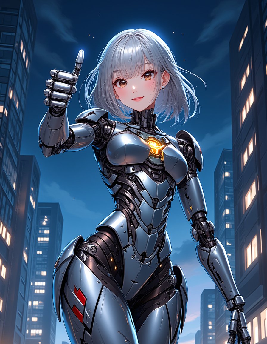 upper body,from below,a Japanese female mechanized,20yo,she is 165cm tall,contrapposto posing,soft smile,a thumbs up,looking at viewer,
glossy dark-brown eyes,straight hair,medium length metallic silver hair,see-through bangs,skyscrapers,night background,\mechako\