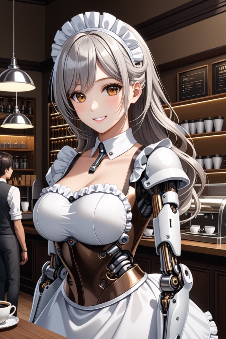 cowboy shot,side shot,detailed Illustration of A well propotioned female cyborg having detailed shiny metallic silver body is standing elegantly in the coffee shop and wearing (cute maid costume) ,She has long length wavy silver hair and elegant small face and high detailed glossy brown eyes,She has (mechanical joints) and internal structure exposed and mechanized body and large breasts,smile with closed mouth,eyes lighting,holding a coffee cup,latest,best quality,absurdres,((sharpness)),extremely high resolution,1080P,8K, RAW,more detail XL