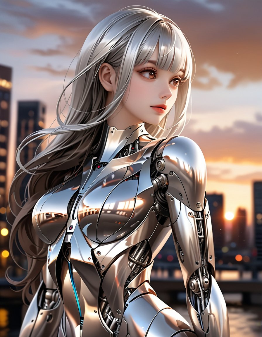 side shot of A curvy female having glossy chrome-silver metallic mechanical body with mechanical joints and internal structures visible,chrome-silver metallic body reflects her surroundings and glistening in front light,her body is exposed mechanical internal structures,contrapposto,
long Silver hair cascading down her shoulders with diagonal bangs frames her features. ,:D,30 yo, looking away,glossy dark brown eyes aglow with inner light,long eyelashes, 
depth of fields,Fill Light ,sunset,Dutch cityscape background blurred,niji5,
