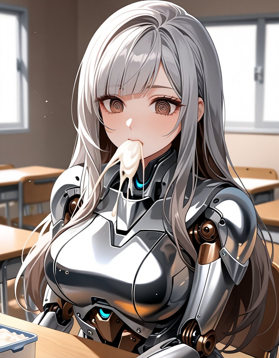 upper body,face focus,A curvy female android having glossy silver metallic mechanical body with mechanical joints and internal structures visible, A lot of milk spurting out of her mouth,sitting on chair in classroom,
glossy silver metallic body reflects her surroundings,her joints is exposed mechanical internal structures,highleg shaped armor,mechanical legs,mechanical shoulders,mechanical neck,
glossy dark brown eyes aglow with inner light,long eyelashes,she is Silver hair cascading down her shoulders,long hair with diagonal bangs,confusing,30 yo,@_@,
depth of fields,Fill Light,lunchbox on table, background blurred,niji5,