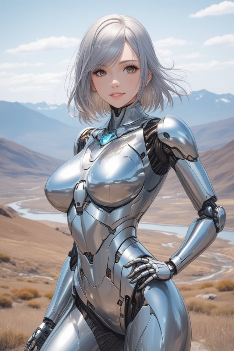 One girl is blowing in the wind. There is a mountain range in the distance. contrapposto with left hand on hip,legs apart,elegant smile,looking at viewer,her shiny body reflect surrounding and glittering,smooth hair,shoulder-length metallic silver hair with diagonal bangs,glossy dark-brown eyes,\mechako\