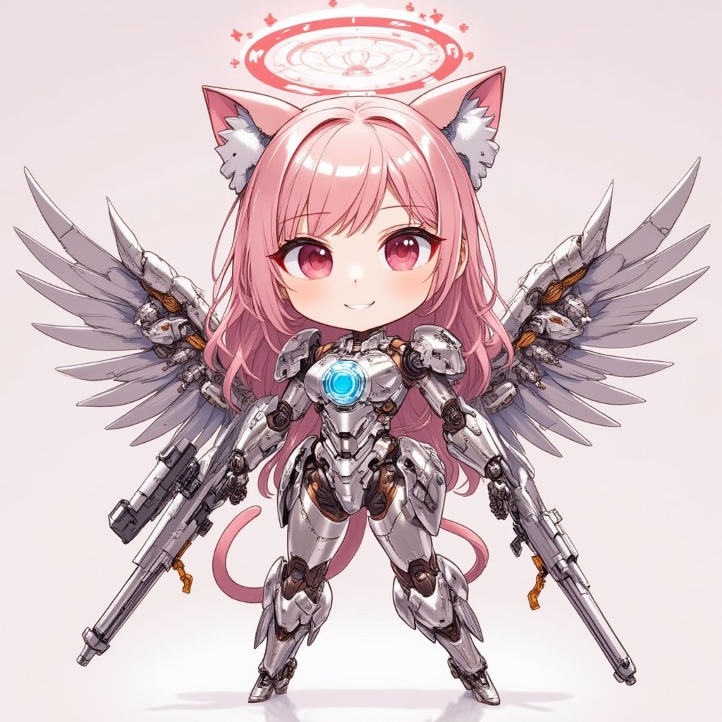 \mechako\,chibi:1.3,from below,1boy mechanized is 150cm tall.superhero.cute smile.pink eyes.long pink hair with nekomimi.halo.mechanical large wings.she has cat tail.turn slightly.having a sci-fi automatic rifle.spread legs, Nice leave-it-to-me background