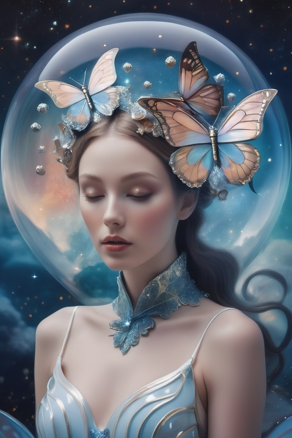 A surrealistic interpretation of the image prompt featuring a porcelain woman with delicate metallic butterfly wings, encased in a crystal dome against a backdrop of swirling nebulae in a celestial realm.