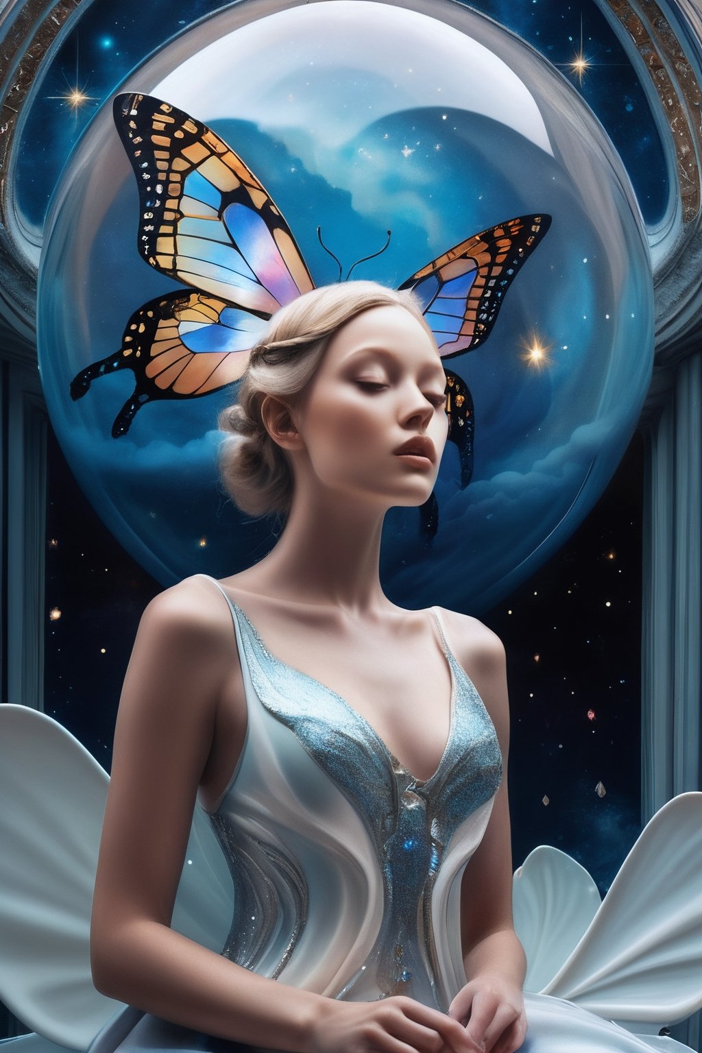 A surrealistic interpretation of the image prompt featuring a porcelain woman with delicate metallic butterfly wings, encased in a crystal dome against a backdrop of swirling nebulae in a celestial realm.