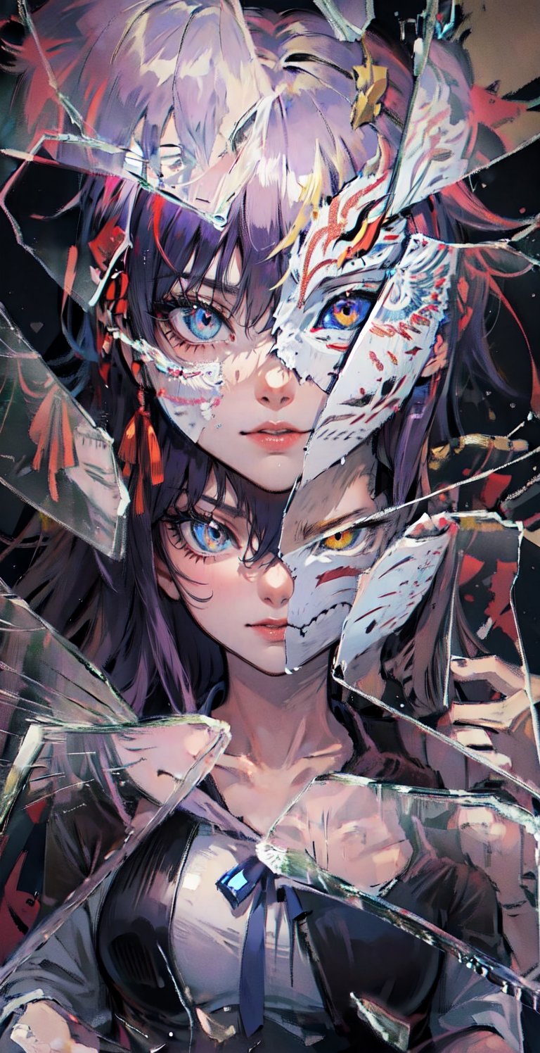 (The girl wears half a sky blue mask on the left side of her face:1.1),(Mask with elegant patterns),high resolution, detailed anatomy, detailed face, extra detailed,purple-hair, detailed eyes, 1 girl ,angel_beats!, imponent aura,perfecteyes,1 girl,horb,(hollow mask ichigo:1.2)(mask:1),(IncrsBrknGls:1),(large breast:1)