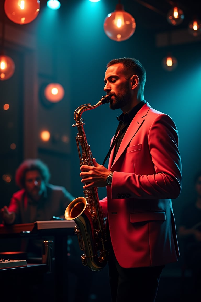 Full-color, a jazz saxophone musician at the stage of a dimly lit bar, eyes closed as he loses himself in the music. The audience is entranced by the soulful melody. His fingers dance across the keys with effortless grace, spotlight highlighting his vibrant suit against a smoky, atmospheric backdrop.