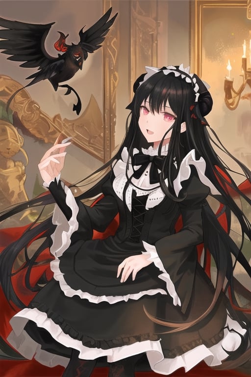 Satan, dark angel girl, 1 girl, detailed face and eyes, black hair, (((very long black hair))), black horns, black feathers wings, black stockings, black dress, (((black lolita dress))), visual novel cg, in a dungeon background, epic fantasty art, queen of hell, carmilla vampire, cerberus, infernal art in good quality, shadowverse style, ruler of inferno, gehenna, giesha demon, isekai manga panel